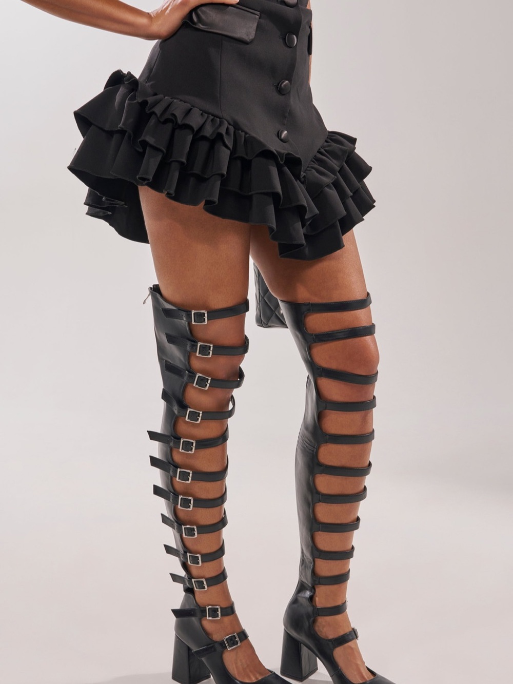 AKIRA AKIRA GOLD YVETTE BLACK OVER THE KNEE MARY JANE BOOT Size 8.58.5 - Picture 4 of 11